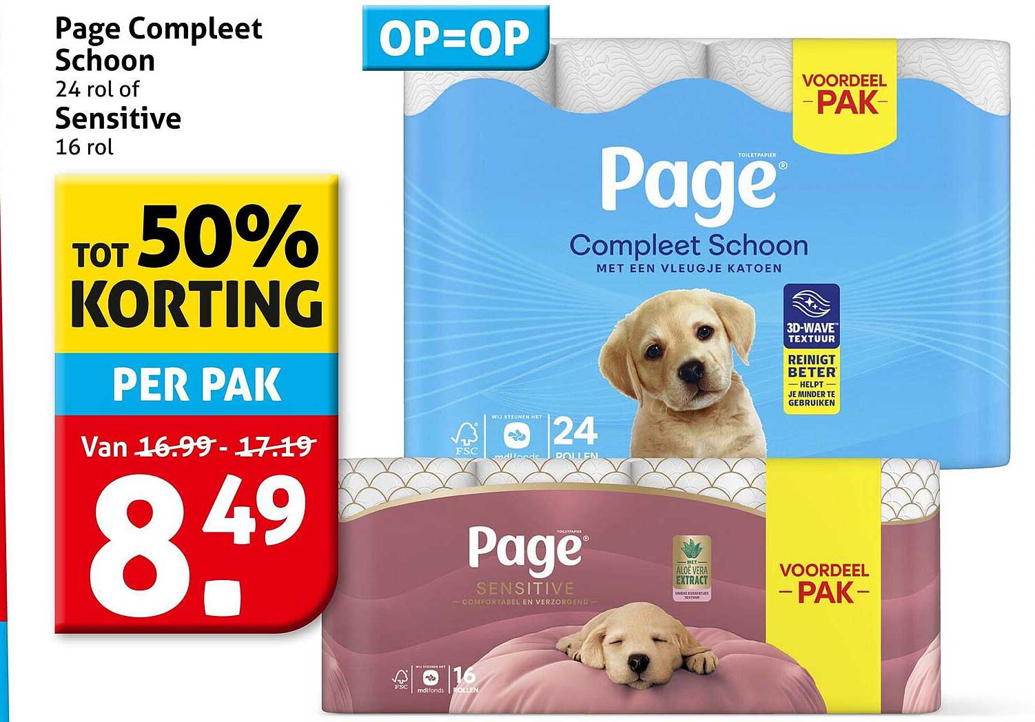 Page Compleet Schoon 24 rol of Sensitive 16 rol tot 50% korting per pak
