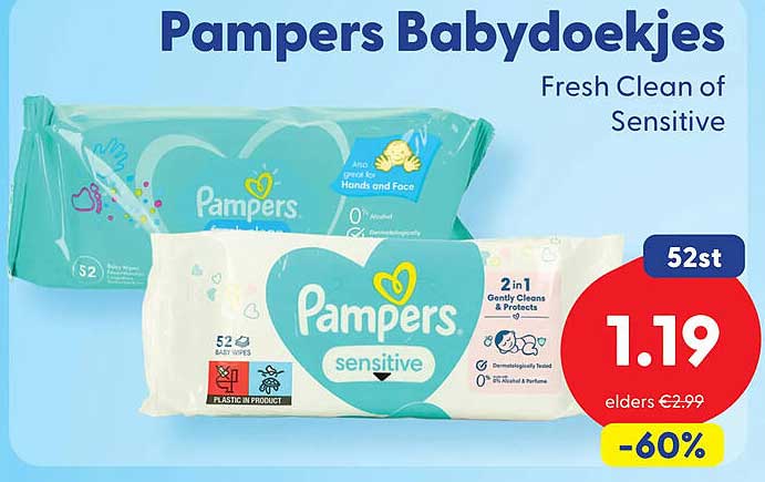 Pampers Babydoekjes Fresh Clean of Sensitive 52st -60%