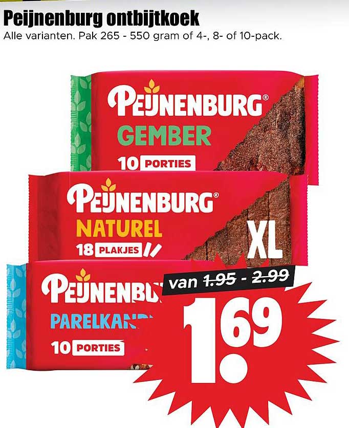 Peijnenburg ontbijtkoek Alle varianten. Pak 265 - 550 gram of 4-, 8- of 10-pack.
