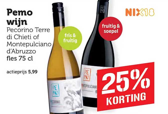 Pemo wijn Pecorino Terre di Chieti of Montepulciano d'Abruzzo fles 75 cl 25% KORTING