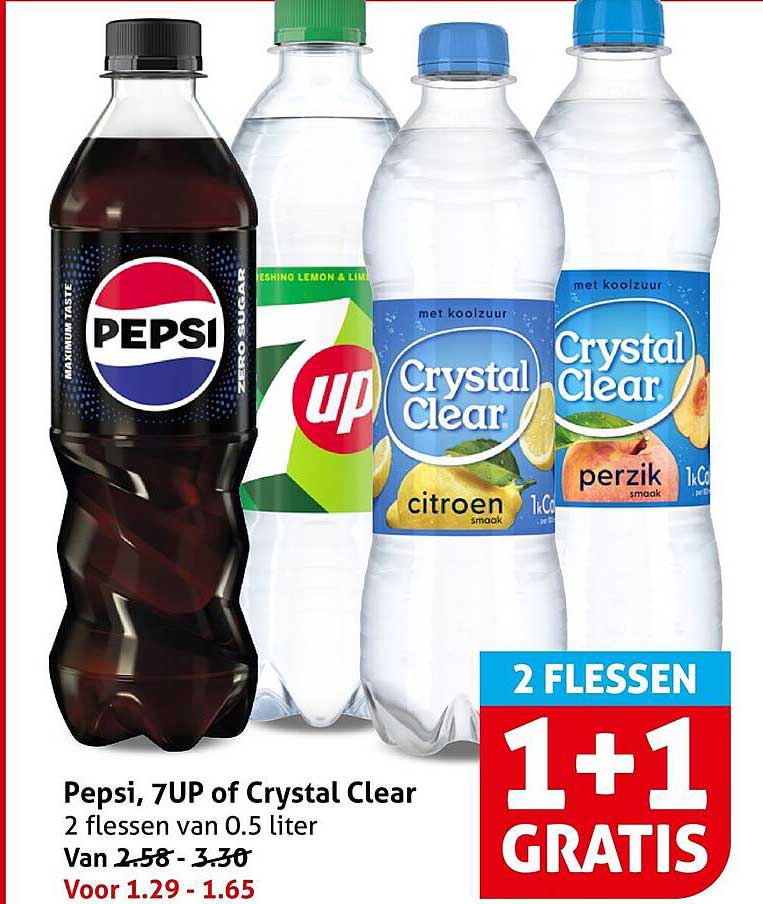 Pepsi, 7UP of Crystal Clear 2 flessen van 0.5 liter 1+1 GRATIS