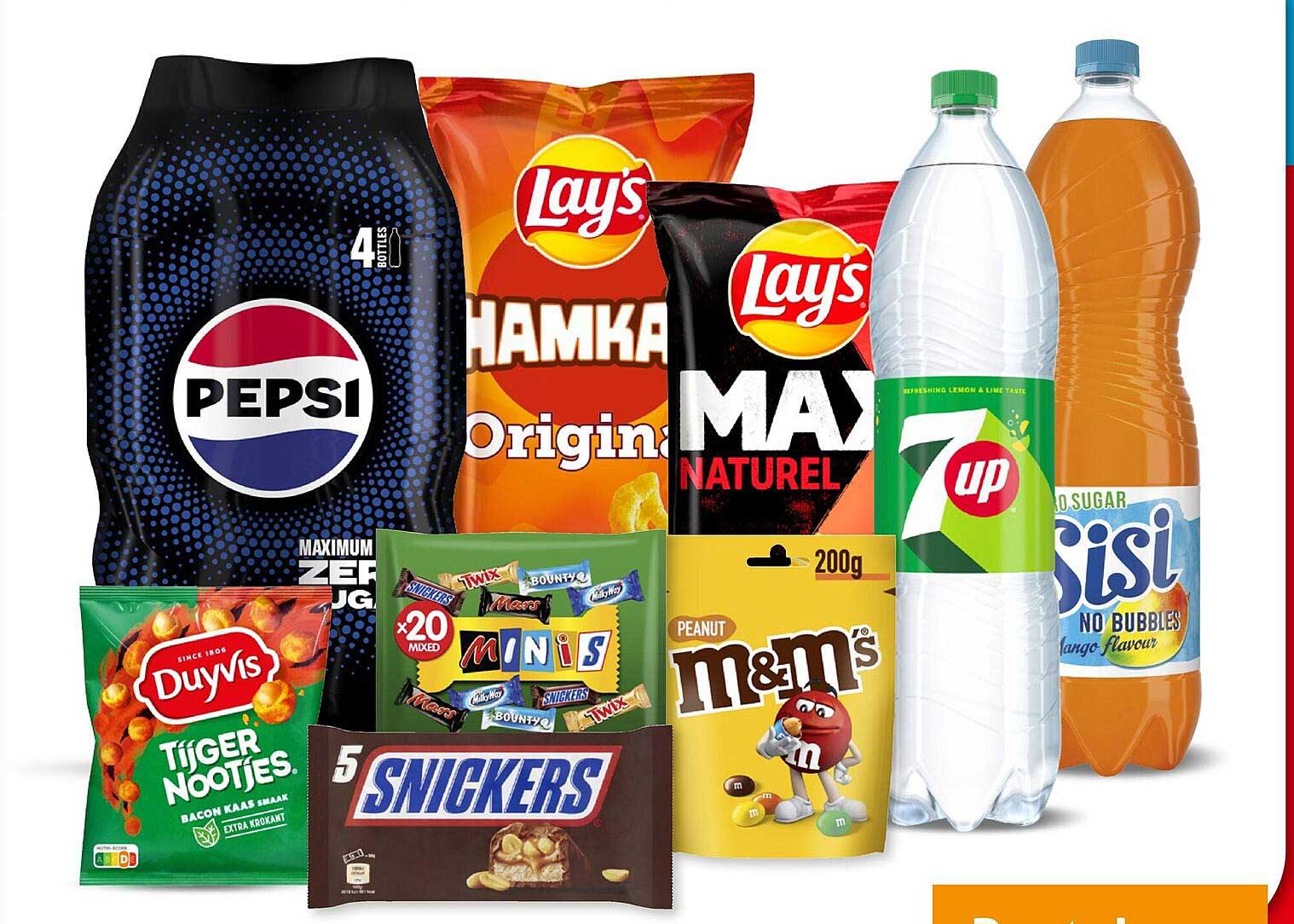 Pepsi, Lay's, 7UP, Duynis, Snickers en m&m's