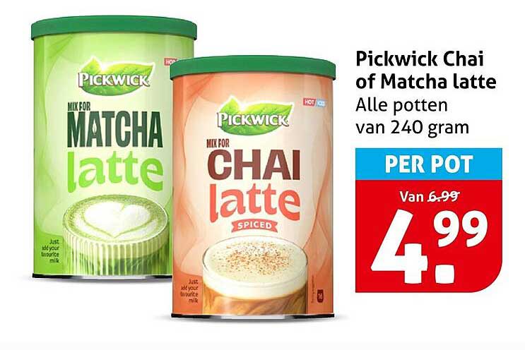 Pickwick Chai of Matcha latte Alle potten van 240 gram