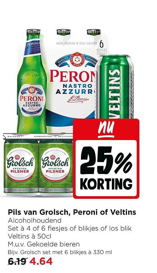 Pils van Grolsch, Peroni of Veltins 25% KORTING