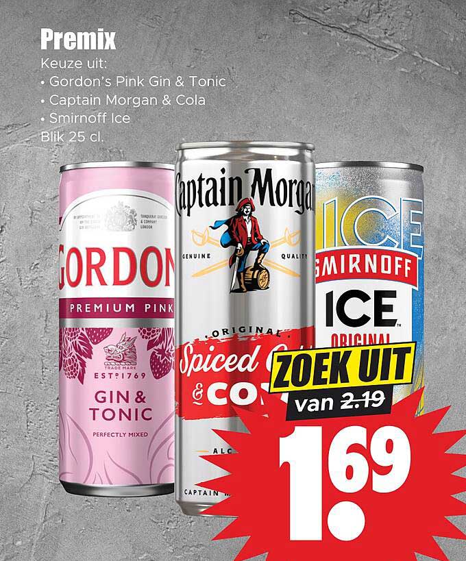 Premix - Keuze uit: Gordon’s Pink Gin & Tonic, Captain Morgan & Cola, Smirnoff Ice Blik 25 cl. ZOEK UIT