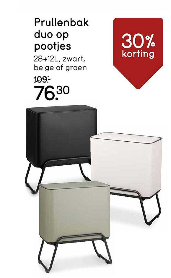 Prullenbak duo op pootjes 28+12L, zwart, beige of groen 30% korting