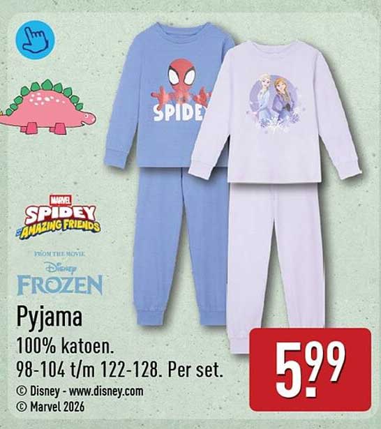 Pyjama 100% katoen. 98-104 t/m 122-128. Per set.