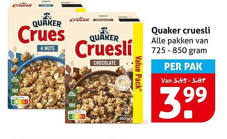 Quaker cruesli Alle pakken van 725 - 850 gram PER PAK