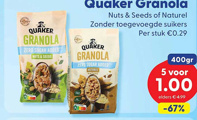Quaker Granola Nuts & Seeds of Naturel Zonder toegevoegde suikers 400gr 5 voor 1.00 -67%