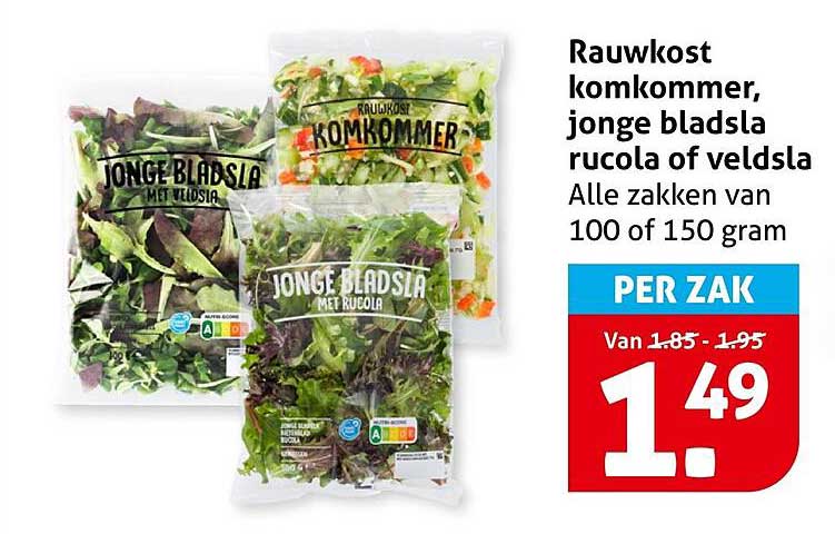 Rauwkost komkommer, jonge bladsla rucola of veldsla