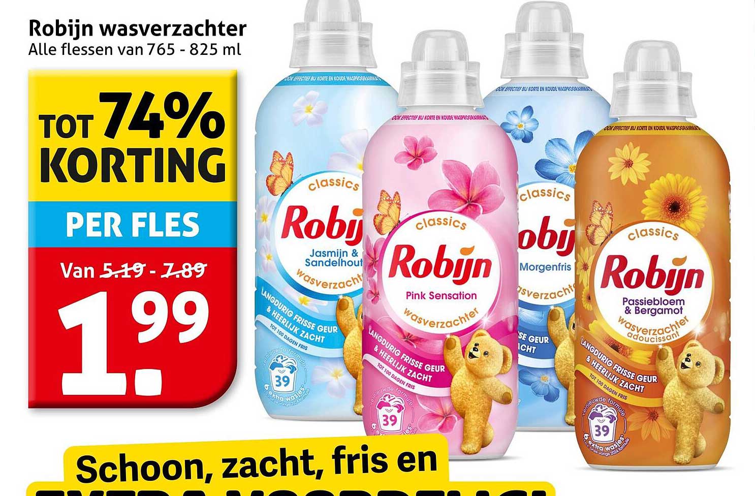 Robijn wasverzachter - Alle flessen van 765 - 825 ml - TOT 74% KORTING PER FLES