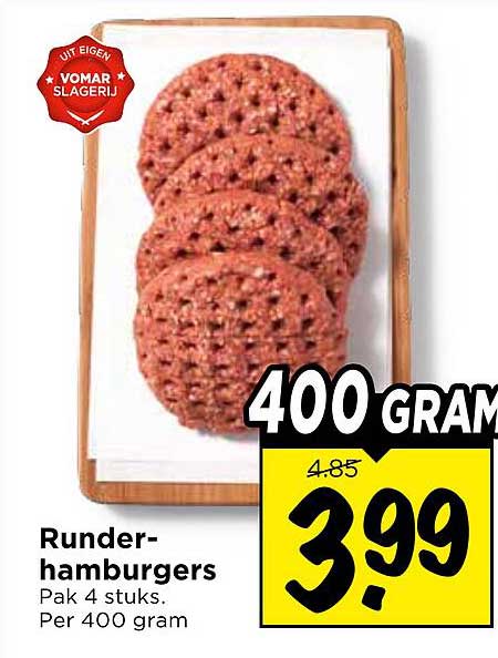 Runder-hamburgers Pak 4 stuks. Per 400 gram