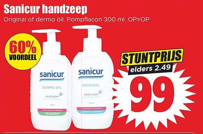 Sanicur handzeep Original of dermo oil. Pompfacon 300 ml. OP=OP