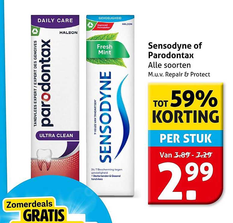 Sensodyne of Paradontax Alle soorten M.u.v. Repair & Protect TOT 59% KORTING PER STUK Zomerdeals GRATIS