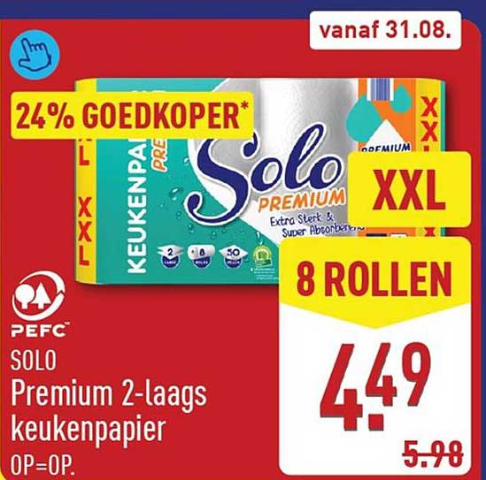 SOLO Premium 2-laags keukenpapier 8 ROLLEN XXL 24% GOEDKOPER*