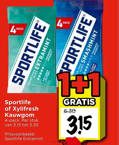 Sportlife of Xylifresh Kauwgom 4-pack, Per stuk 1+1 gratis