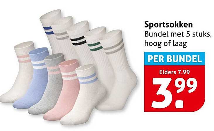 Sportsokken Bundel met 5 stuks, hoog of laag PER BUNDEL