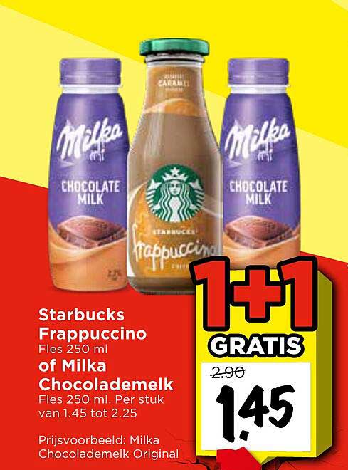 Starbucks Frappuccino Fles 250 ml of Milka Chocolademelk Fles 250 ml. per stuk 1+1 GRATIS