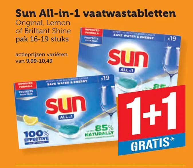 Sun All-in-1 vaatwastabletten Original, Lemon of Brilliant Shine pak 16-19 stuks 1+1 GRATIS*