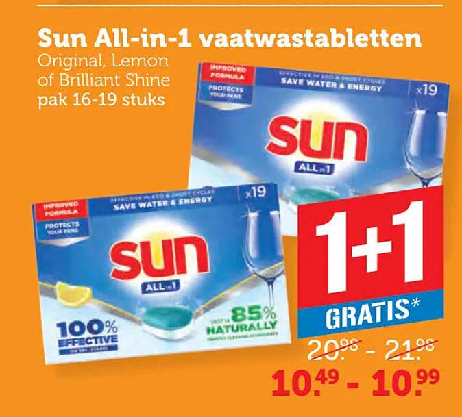 Sun All-in-1 vaatwastabletten Original, Lemon of Brilliant Shine pak 16-19 stuks 1+1 gratis