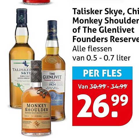 Talisker Skye, Chivas Monkey Shoulder of The Glenlivet Founders Reserve PER FLES
