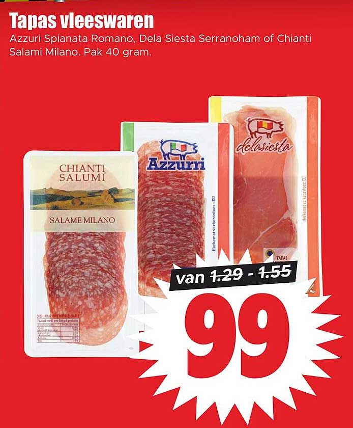 Tapas vleeswaren Azzurri Spianata Romano, Dela Siesta Serranoham of Chianti Salami Milano. Pak 40 gram.