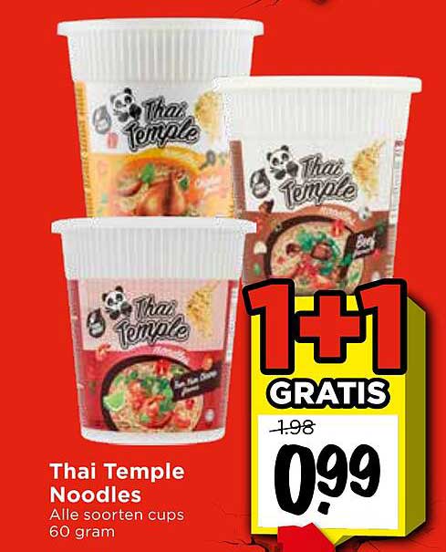 Thai Temple Noodles Alle soorten cups 60 gram 1+1 GRATIS