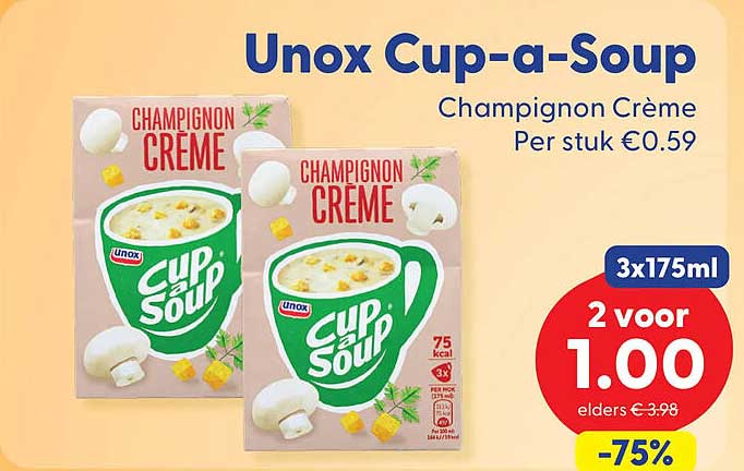 Unox Cup-a-Soup Champignon Crème 3x175ml 2 voor 1.00 -75%