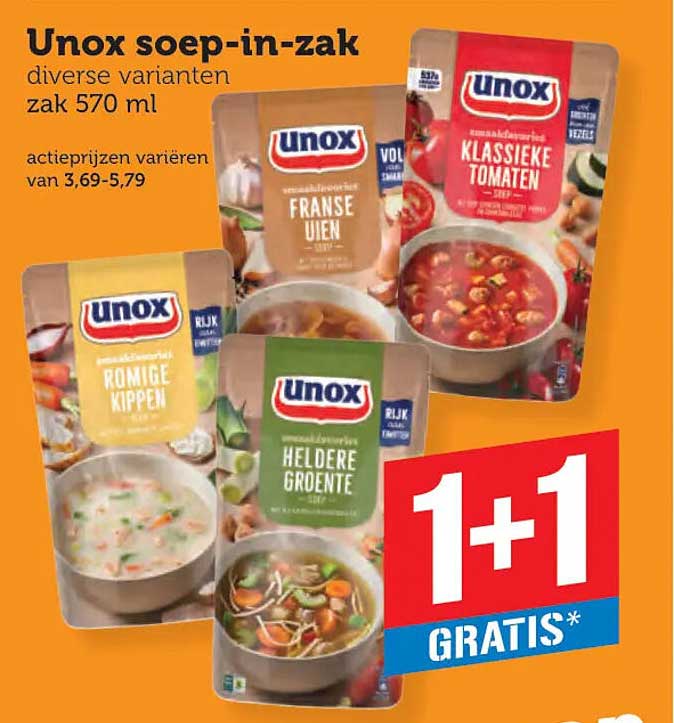 Unox soep-in-zak diverse varianten zak 570 ml 1+1 GRATIS*