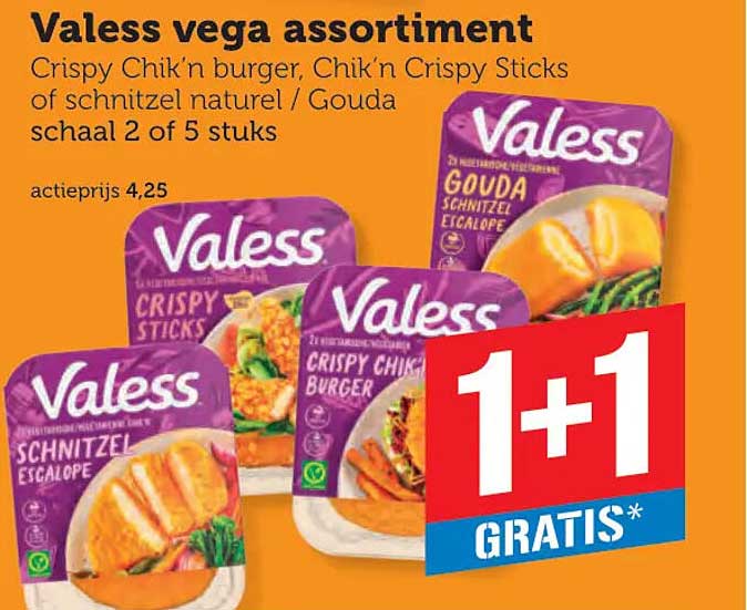 Valess vega assortiment Crispy Chik'n burger, Chik'n Crispy Sticks of schnitzel naturel / Gouda schaal 2 of 5 stuks 1+1 gratis