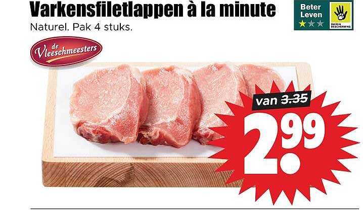 Varkensfiletlappen à la minute Naturel. Pak 4 stuks.