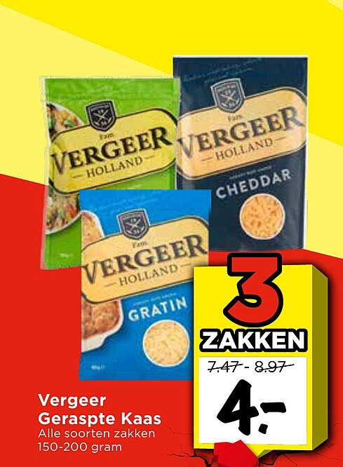 Vergeer Geraspte Kaas Alle soorten zakken 150-200 gram 3 ZAKKEN