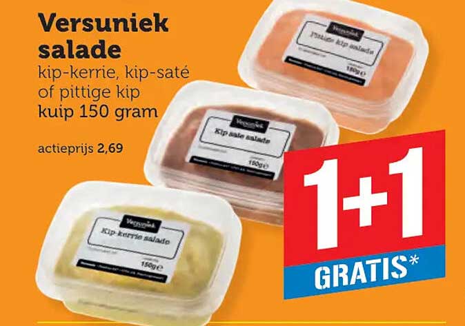 Versuniek salade kip-kerrie, kip-saté of pittige kip kuip 150 gram 1+1 gratis
