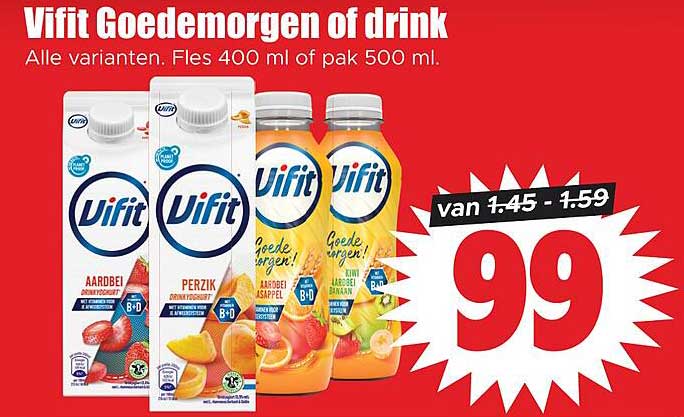 Vifit Goedemorgen of drink Alle varianten. Fles 400 ml of pak 500 ml.