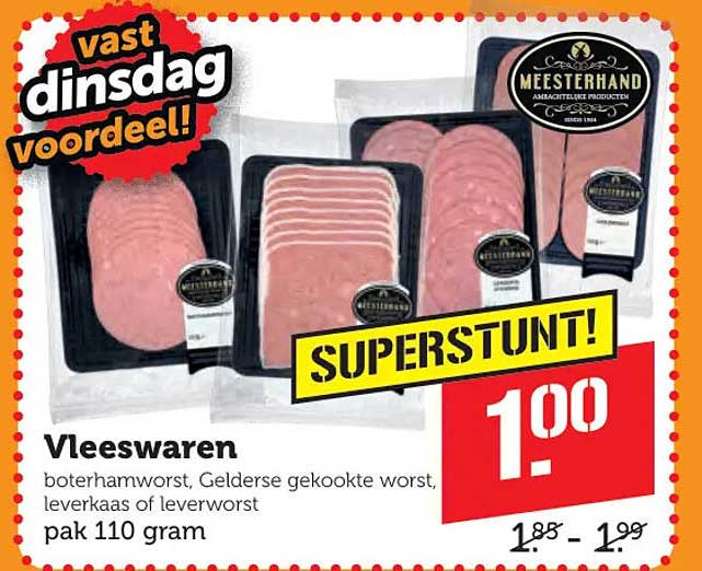 Vleeswaren boterhamworst, Gelderse gekookte worst, leverkaas of leverworst pak 110 gram SUPERSTUNT!