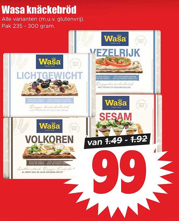 Wasa knäckebröd Alle varianten (m.u.v. glutenvrij). Pak 235 - 300 gram.