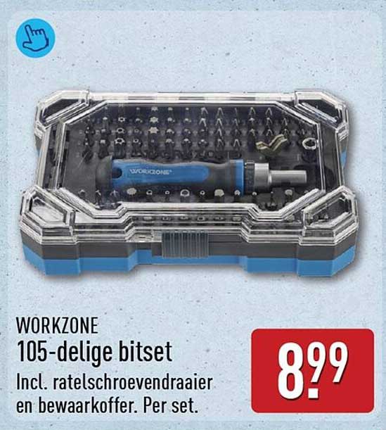 WORKZONE 105-delige bitset Incl. ratelschroevendraaier en bewaarkoffer. Per set.