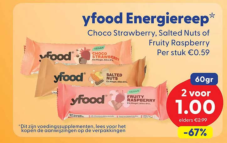 yfood Energiereep Choco Strawberry, Salted Nuts of Fruity Raspberry 2 voor 1.00 -67%