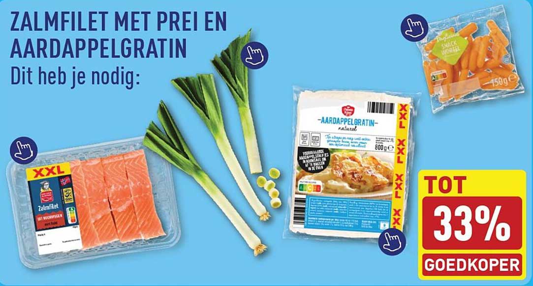 Zalmfilet met prei en aardappelgratin