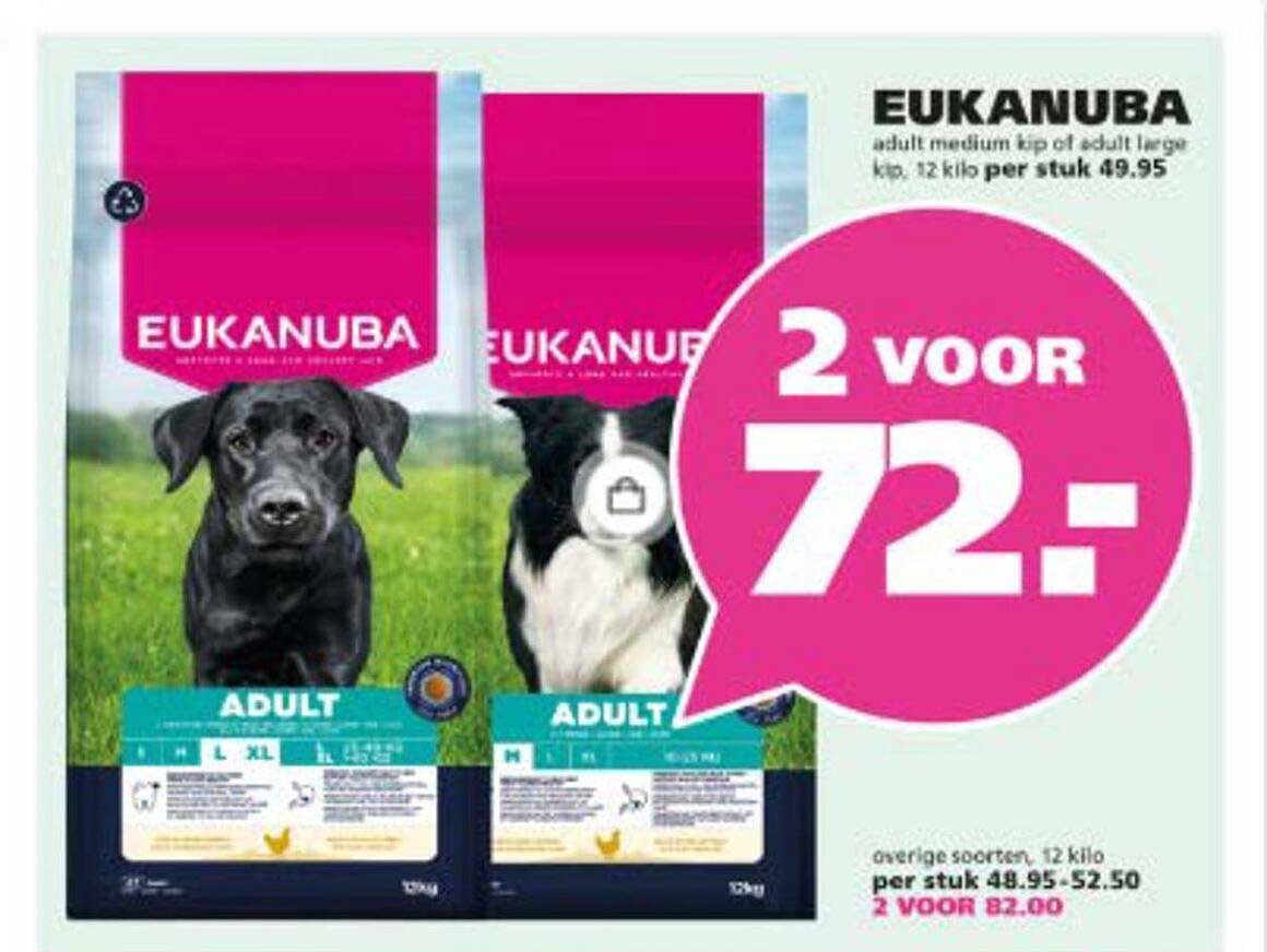 Eukanuba adult medium kip of adult large kip, 12 kilo per stuk 49.95