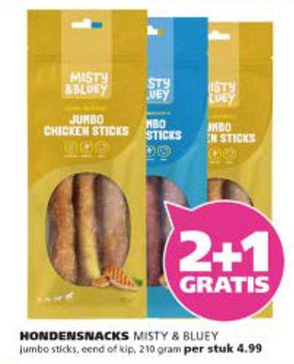HONDENSNACKS MISTY & BLUEY Jumbo sticks, eend of kip, 210 gram per stuk 4.99