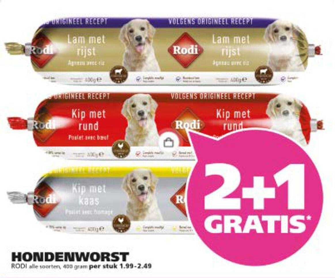 HONDENWORST RODI, alle soorten, 400 gram per stuk 1.99-2.49